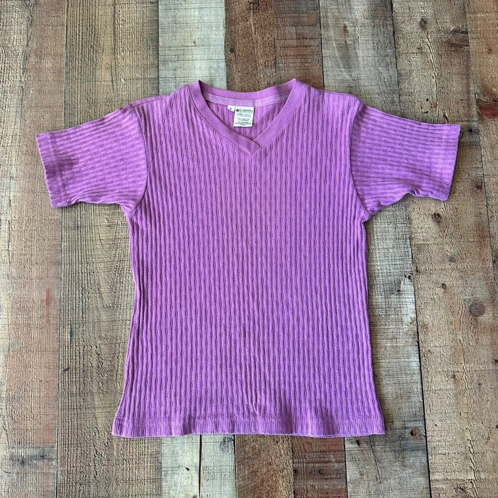 Columbia Y2K Purple Ribbed V-Neck Short Sleeve Knit Top Womens Size Large Shirt
